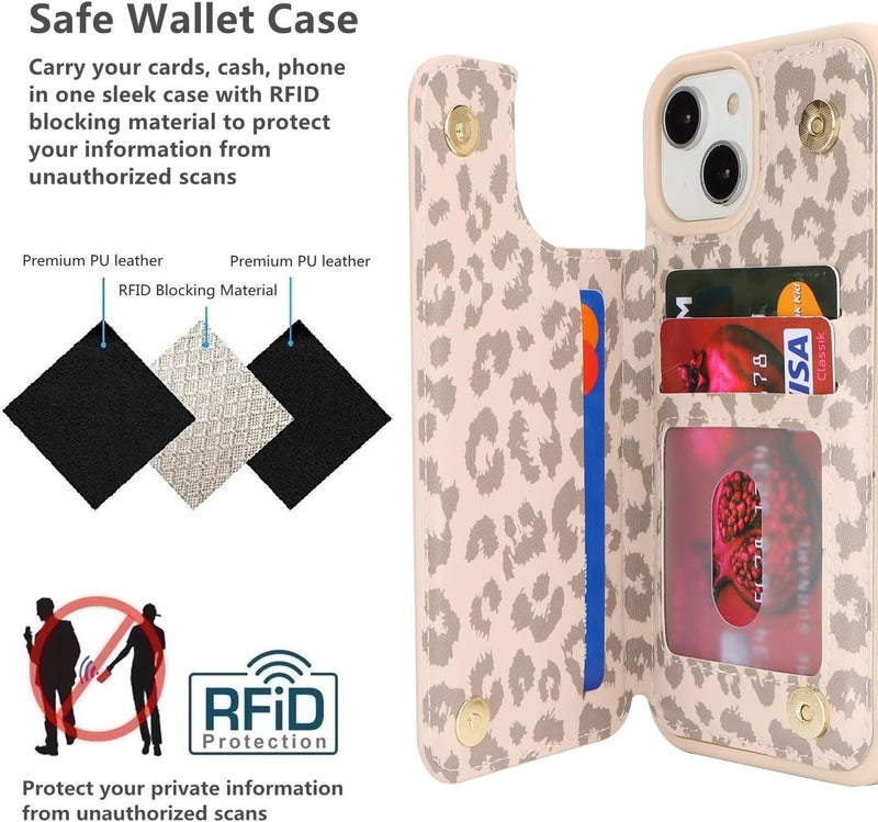 iCoverCase Compatible with iPhone 15 Wallet Phone Case with Card Holder for Women Men, [RFID Blocking] Card Slots PU Leather Protective Wallet Case 6.1 Inch (Beige Leopard) - Image 4